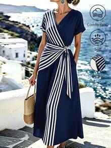 Breezaya +Robe de vacances décontractée et modeste pour femmes, col en V, patchwork bleu marine et blanc, style tropical, tenue de villégiature d'été, robe de vacances pour femmes, plage de vacances - Bleu marine - Voir 4