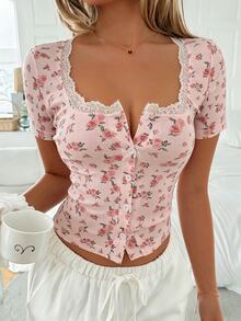 SHEIN PariChic Holidaya 女士蕾丝花边方领修身短袖趣味T恤 - 淺粉色 - 查看 6