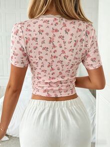 SHEIN PariChic Holidaya 女士蕾丝花边方领修身短袖趣味T恤 - 淺粉色 - 查看 2