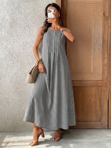 SHEIN LUNE 女款格紋時尚極簡百褶圓領洋裝，適合日常穿著 - 彩色 - 查看 4