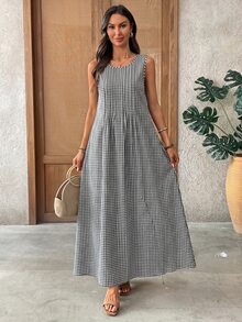SHEIN LUNE 女款格紋時尚極簡百褶圓領洋裝，適合日常穿著 - 彩色 - 查看 5