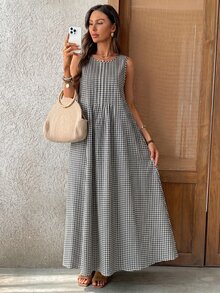 SHEIN LUNE 女款格紋時尚極簡百褶圓領洋裝，適合日常穿著 - 彩色 - 查看 6