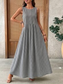 SHEIN LUNE 女款格紋時尚極簡百褶圓領洋裝，適合日常穿著 - 彩色 - 查看 3