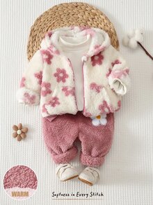 Cozy Pixies 女嬰花卉圖案保暖內裡加厚連帽長袖前開襟運動衫，純色針織柔軟彈性腰長褲 2 件套，可愛花卉拉鍊連帽外套休閒長褲套裝 - 彩色 - 查看 8