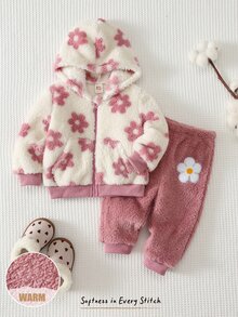 Cozy Pixies 女嬰花卉圖案保暖內裡加厚連帽長袖前開襟運動衫，純色針織柔軟彈性腰長褲 2 件套，可愛花卉拉鍊連帽外套休閒長褲套裝 - 彩色 - 查看 9