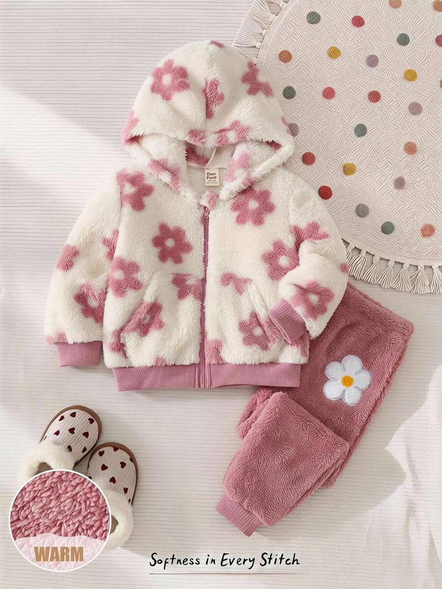 Cozy Pixies 女嬰花卉圖案保暖內裡加厚連帽長袖前開襟運動衫,純色針織柔軟彈性腰長褲 2 件套,可愛花卉拉鍊連帽外套休閒長褲套裝 - 彩色 - 查看 1