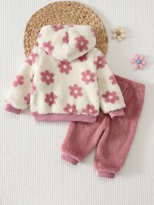 Cozy Pixies 女嬰花卉圖案保暖內裡加厚連帽長袖前開襟運動衫，純色針織柔軟彈性腰長褲 2 件套，可愛花卉拉鍊連帽外套休閒長褲套裝 - 彩色 - 查看 2