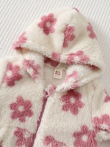 Cozy Pixies 女嬰花卉圖案保暖內裡加厚連帽長袖前開襟運動衫，純色針織柔軟彈性腰長褲 2 件套，可愛花卉拉鍊連帽外套休閒長褲套裝 - 彩色 - 查看 3