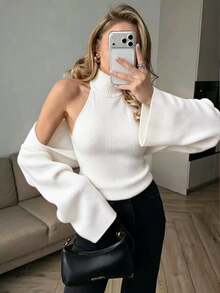 SHEIN PariChic Women's Solid Color High Neck Halter Tank Top And Long Sleeve Cardigan Sweater 2-Piece Set - White - View 6