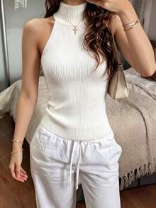 SHEIN PariChic Women's Solid Color High Neck Halter Tank Top And Long Sleeve Cardigan Sweater 2-Piece Set - White - View 5