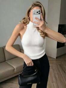 SHEIN PariChic Women's Solid Color High Neck Halter Tank Top And Long Sleeve Cardigan Sweater 2-Piece Set - White - View 7