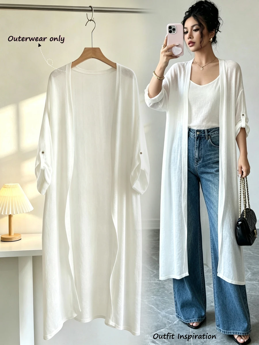 SHEIN 女款春夏/秋冬休閒極簡純色長款薄外套，鈕扣開合，適合日常穿著