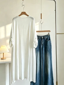SHEIN 女款春夏/秋冬休閒極簡純色長款薄外套,鈕扣開合,適合日常穿著 - 白色 - 查看 3