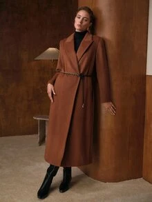 MOTF PREMIUM LOOSE MINIMALIST DETACHABLE PU BELT WOOL BLEND OVERCOAT - Brown - View 1