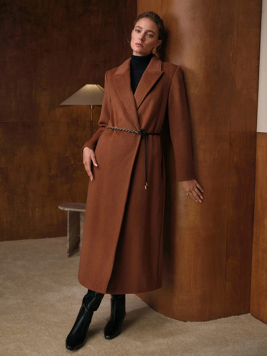 MOTF PREMIUM LOOSE MINIMALIST DETACHABLE PU BELT WOOL BLEND OVERCOAT - Brown - View 1