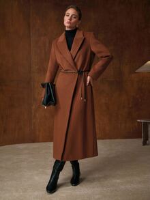 MOTF PREMIUM LOOSE MINIMALIST DETACHABLE PU BELT WOOL BLEND OVERCOAT - Brown - View 4