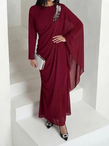 Veilorie Women's Elegant Rhinestone Decor Asymmetrical Sleeve Ruched Waist Arabic Style Dress - Burgundy - View 5