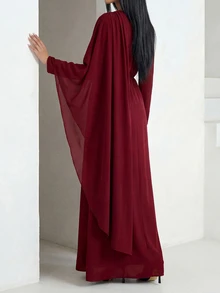 Veilorie Women's Elegant Rhinestone Decor Asymmetrical Sleeve Ruched Waist Arabic Style Dress - Burgundy - View 2