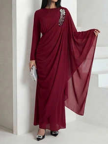 Veilorie Women's Elegant Rhinestone Decor Asymmetrical Sleeve Ruched Waist Arabic Style Dress - Burgundy - View 1