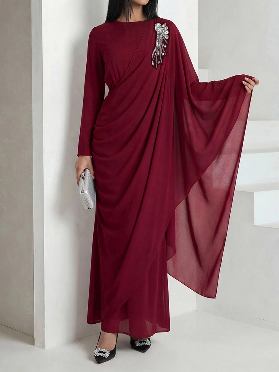 Veilorie Women's Elegant Rhinestone Decor Asymmetrical Sleeve Ruched Waist Arabic Style Dress - Burgundy - View 1