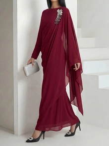 Veilorie Women's Elegant Rhinestone Decor Asymmetrical Sleeve Ruched Waist Arabic Style Dress - Burgundy - View 8