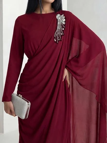 Veilorie Women's Elegant Rhinestone Decor Asymmetrical Sleeve Ruched Waist Arabic Style Dress - Burgundy - View 6