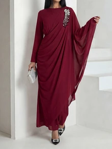 Veilorie Women's Elegant Rhinestone Decor Asymmetrical Sleeve Ruched Waist Arabic Style Dress - Burgundy - View 4
