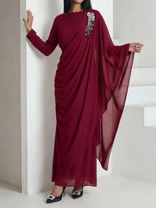 Veilorie Women's Elegant Rhinestone Decor Asymmetrical Sleeve Ruched Waist Arabic Style Dress - Burgundy - View 7