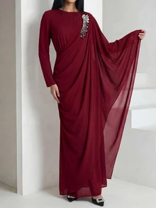 Veilorie Women's Elegant Rhinestone Decor Asymmetrical Sleeve Ruched Waist Arabic Style Dress - Burgundy - View 3