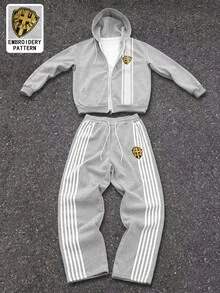 PAVTROS Men's Colorblock Striped Hoodie & Sweatpants Set - Grey - View 7