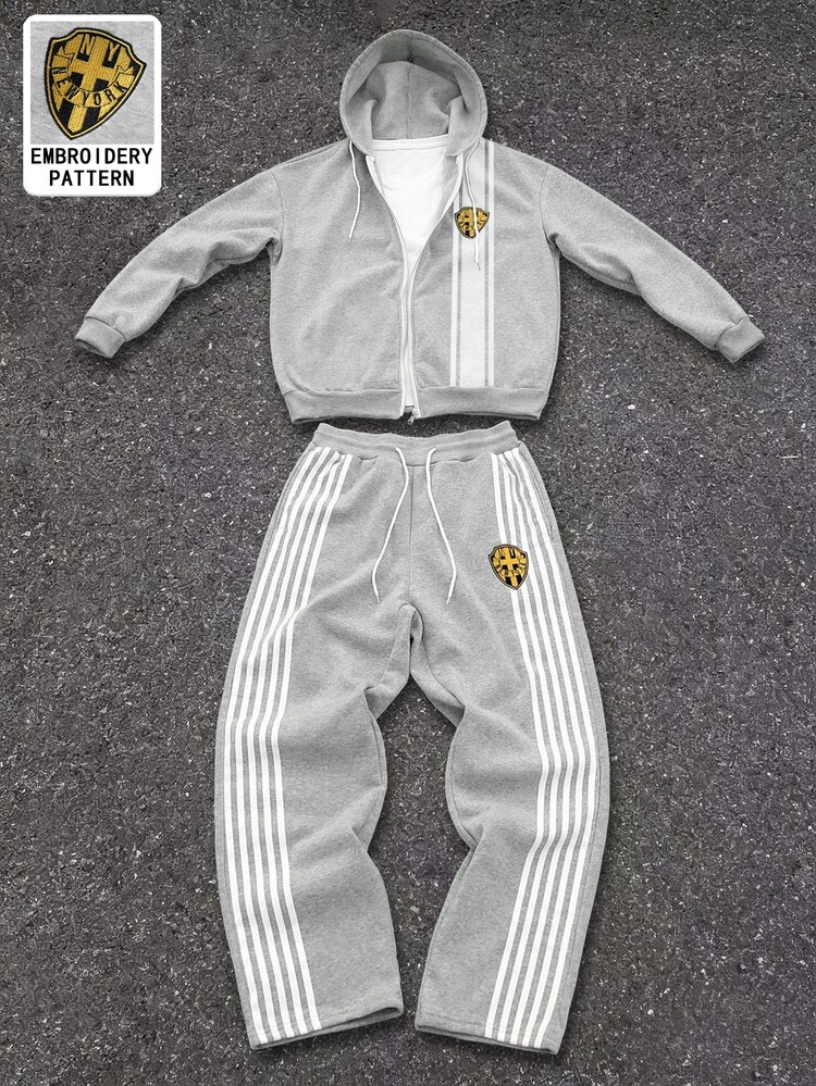 PAVTROS Men's Colorblock Striped Hoodie & Sweatpants Set - Grey - View 7
