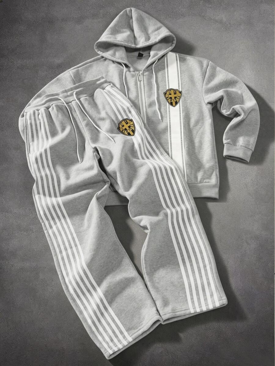 PAVTROS Men's Colorblock Striped Hoodie & Sweatpants Set - Grey - View 1