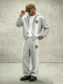 PAVTROS Men's Colorblock Striped Hoodie & Sweatpants Set - Grey - View 5