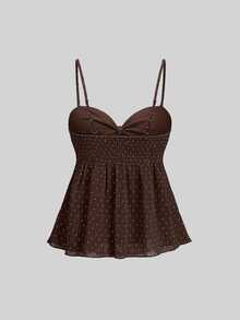 Sweetra Women's Summer Polka Dot Bow Camisole Top - Coffee Brown - View 2