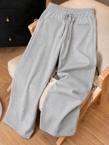 Franclia Celana Jogging Kasual Longgar Model Lurus dengan Tali Serut di Pinggang untuk Wanita Warna Polos - Grey - View 1