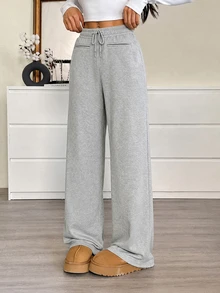Franclia Celana Jogging Kasual Longgar Model Lurus dengan Tali Serut di Pinggang untuk Wanita Warna Polos - Grey - View 4