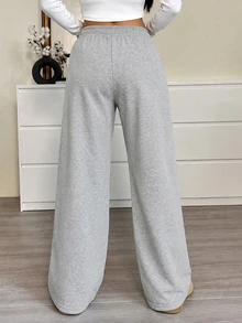 Franclia Celana Jogging Kasual Longgar Model Lurus dengan Tali Serut di Pinggang untuk Wanita Warna Polos - Grey - View 3