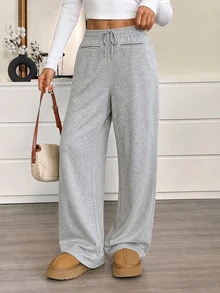 Franclia Celana Jogging Kasual Longgar Model Lurus dengan Tali Serut di Pinggang untuk Wanita Warna Polos - Grey - View 2