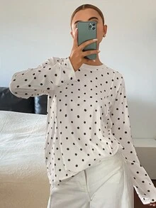 Dazy-Less 女款黑色波點與白色拼色長袖T恤，寬鬆版型，商務休閒，適合辦公室、街頭、戶外、居家穿著，設計風格，秋冬款 - 白色 - 查看 6