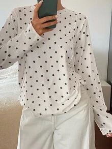 Dazy-Less 女款黑色波點與白色拼色長袖T恤，寬鬆版型，商務休閒，適合辦公室、街頭、戶外、居家穿著，設計風格，秋冬款 - 白色 - 查看 5