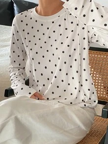 Dazy-Less 女款黑色波點與白色拼色長袖T恤，寬鬆版型，商務休閒，適合辦公室、街頭、戶外、居家穿著，設計風格，秋冬款 - 白色 - 查看 7