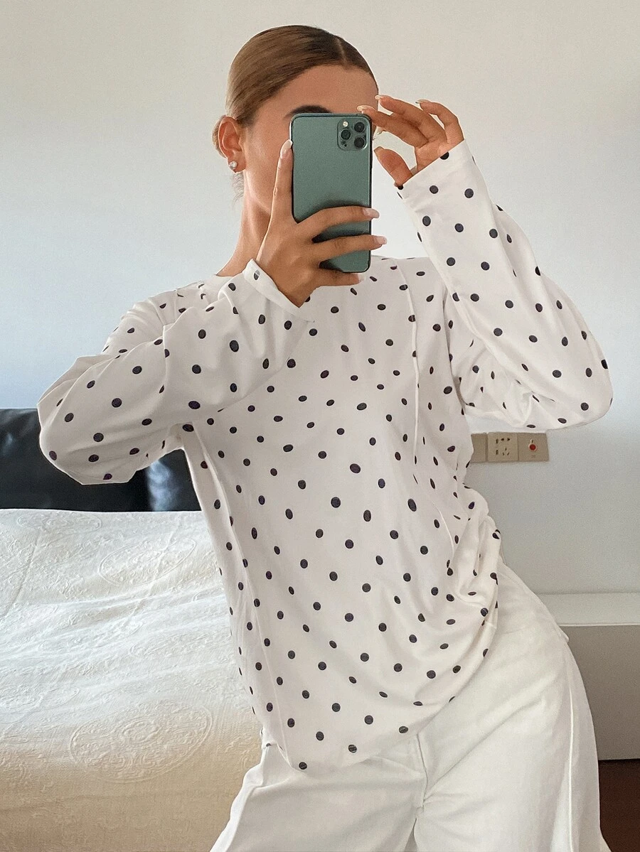 Dazy-Less 女款黑色波點與白色拼色長袖T恤,寬鬆版型,商務休閒,適合辦公室、街頭、戶外、居家穿著,設計風格,秋冬款 - 白色 - 查看 1