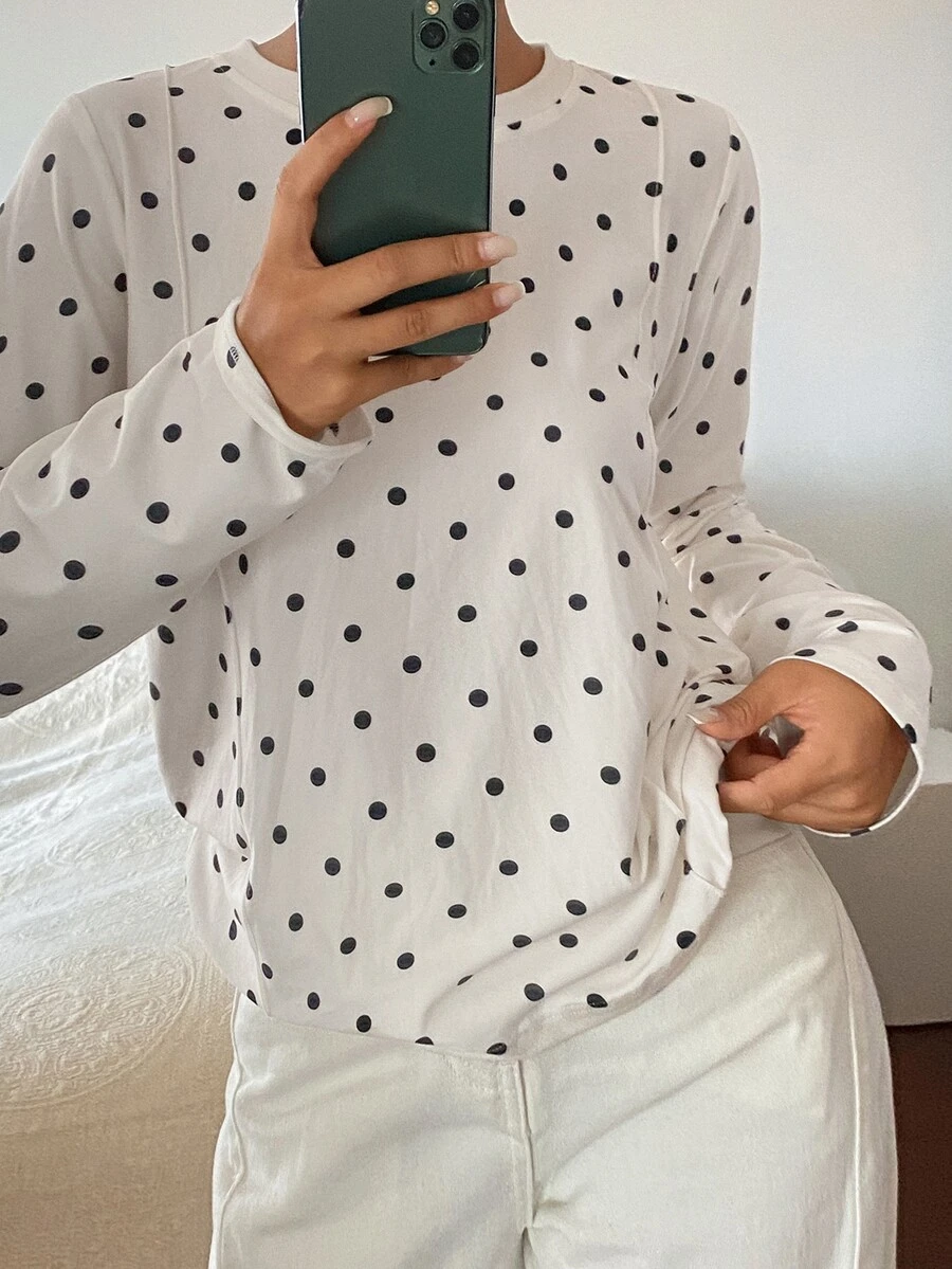 DAZY 女款黑色波點與白色拼色長袖T恤,寬鬆版型,商務休閒,適合辦公室、街頭、戶外、居家穿著,設計風格,秋冬款 - 白色 - 查看 1
