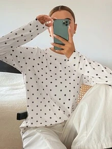 Dazy-Less 女款黑色波點與白色拼色長袖T恤，寬鬆版型，商務休閒，適合辦公室、街頭、戶外、居家穿著，設計風格，秋冬款 - 白色 - 查看 2