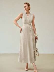 MOTF PREMIUM LINEN WRAP BELTED DRESS - Light Grey - View 4