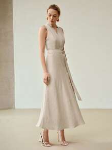 MOTF PREMIUM LINEN WRAP BELTED DRESS - Light Grey - View 6