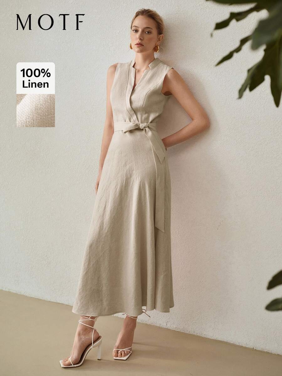MOTF PREMIUM LINEN WRAP BELTED DRESS - Light Grey - View 1