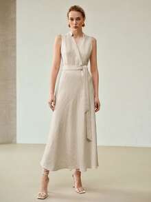 MOTF PREMIUM LINEN WRAP BELTED DRESS - Light Grey - View 5