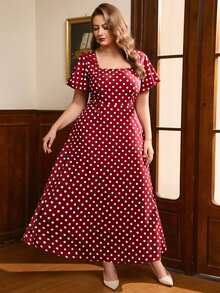 Auvina Plus Size Women's Vintage Polka Dot Print Square Neck Cinched Cinched Waist Flattering French Elegant Casual Versatile Dress - Red - View 5