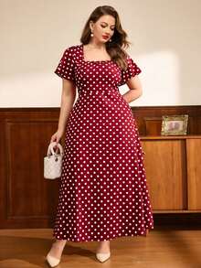 Auvina Plus Size Women's Vintage Polka Dot Print Square Neck Cinched Cinched Waist Flattering French Elegant Casual Versatile Dress - Red - View 3
